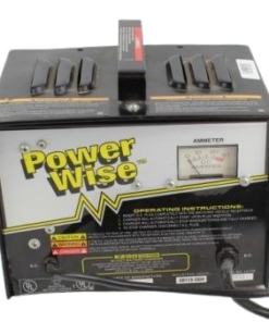 Power Wise Charger front view for golf cart batteries Close-up of Power Wise Charger LED status lights 36V and 48V Power Wise Charger plug compatibility Golf cart with connected Power Wise smart charger Weather-resistant Power Wise Charger with cooling vents